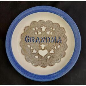 Vintage Clay City Pottery Stoneware Pie Dish Bowl Grandma Signed Blue Trim
